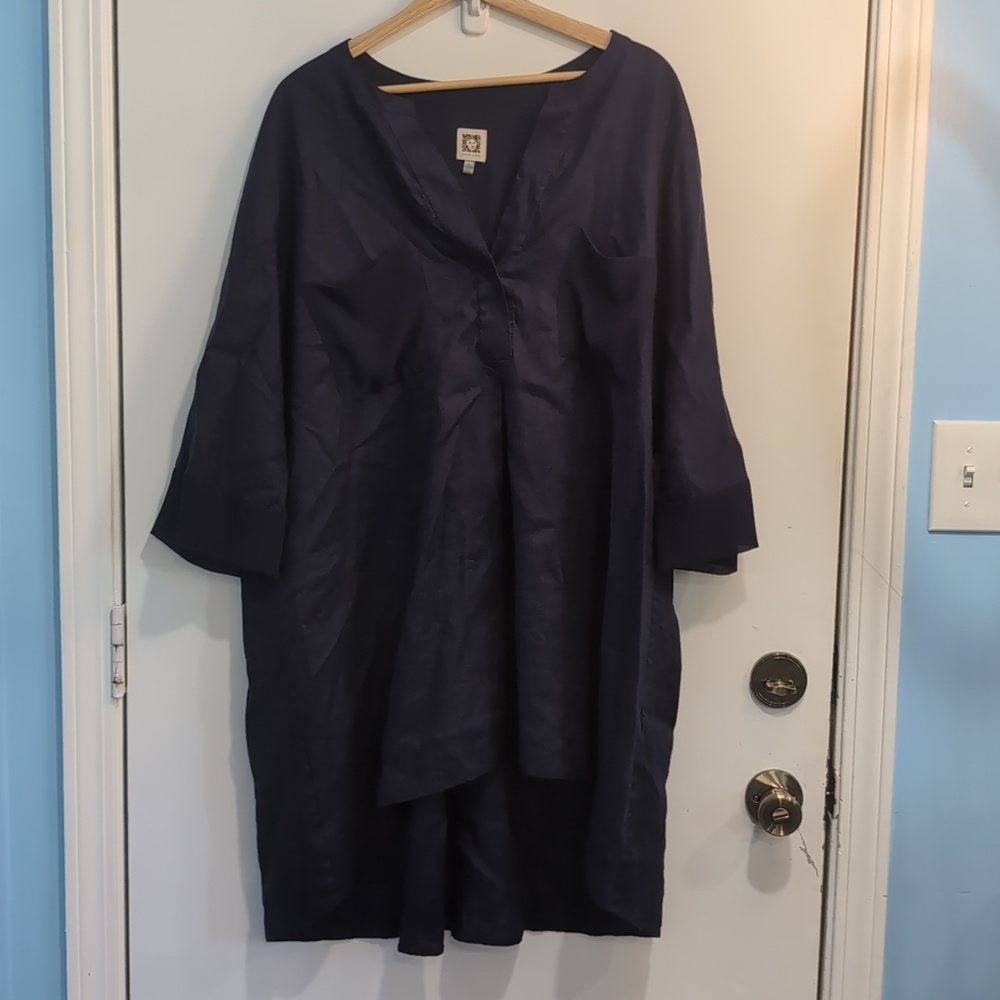 Anne Klein Linen Navy 3/4 Sleeve Tunic Size 3XL Sheer Back/Cuffs